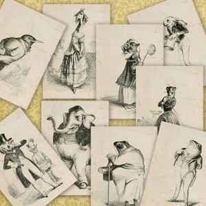 Anthropomorphic Clip Art, Whimsical Animals Download,  2.5 x 3.5 inch Printable Cards, Digital Collage Sheet