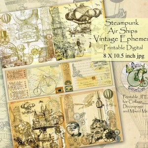 Printable Steampunk Air Ships Collage Art Printable, Hot Air Balloons Scrapbooking Journaling, Digital Collage Sheet, Instant Download