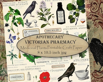 Printable Victorian Apothecary Medical Botany Collage, Digital Craft Paper 8 x 10.5 in. jpg, Illustrated History of Herbs and Medicines