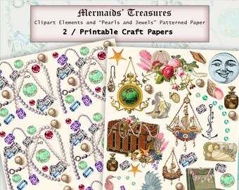 Printable Mermaid's Treasure Chests and Baubles, Set of Two  8 x 10.5 inch Digital Papers with Treasure Clipart, and Pearls and Gems Paper