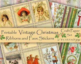 Printable Vintage Style Christmas Craft Papers, Ribbon Strips and Faux Stickers, Scrapbooking, Journaling, Digital Collage Sheet