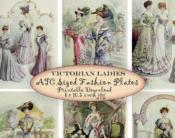 Victorian Ladies Printable Cards, Digital Collage Sheet, ATC, ACEO size Vintage Color Fashion Plates Illustrations