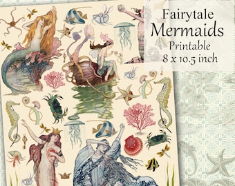 Mermaids Printable Scrapbook, Sea Maidens, Sirens, Fairy Tale Mermaids  Instant  Download Printables