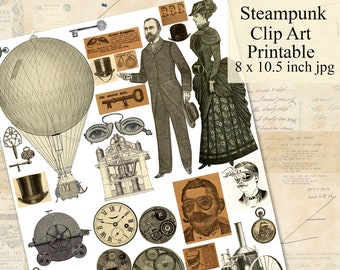 Steampunk Clipart, Printable Scrapbook Junk Journaling Elements, Digital Collage Sheet