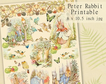 Peter Rabbit Scrapbooking Printable Digital Collage Sheet, Beatrix Potter's Art Illustrations