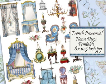 French Provincial Printable Paris Blue Home Furnishings, Junk Journaling, Scrapbooking Elements Digital Collage Sheet