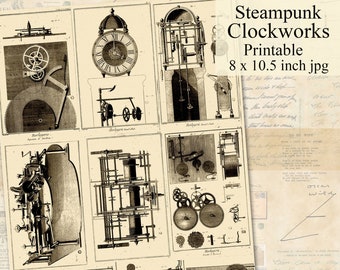 Steampunk Clockwork Gears imprimibles, Hoja de Collage Digital, Descarga Instantánea