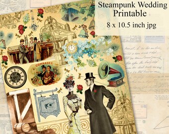 Steampunk Wedding Printable Scrapbook Junk Journal Elements, Digital Collage Sheet, Instant Download