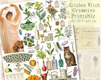 Kitchen Witch Printable Scrapbook Paper, Junk Journal, Grimoire Images Digital Collage Sheet, Instant Download