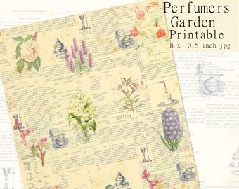 Printable Fragrant Flowers and Vintage Text, 8 x 10.5 inch Perfumed Garden, Craft Paper, Junk Journal, Scrapbook, Decoupage Download