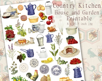 Country Kitchen House and Garden Printable, Junk Journal, Decoupage, Scrapbook Paper  Digital Collage Sheet Download