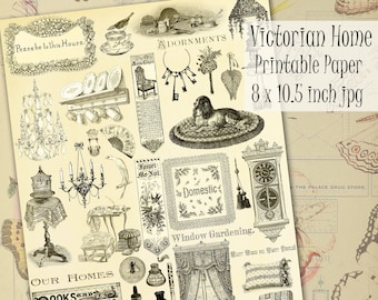 Victorian Home Printable Interior Furnishings Digital Collage Sheet, Scrapbooking, Journaling, Black and White Ephemera Clipart