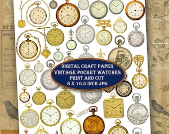 Printable Pocket Watches and Clock Faces, Vintage Illustrations Steampunk Clip Art Craft Paper Clockwork 8 x 10.5 inch Download