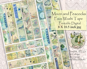 Moon and Peacocks Printable Faux Washi Strips, Torn Collage Paper Digital Collage Sheet, Scrapbooking, Journaling Decoupage Download