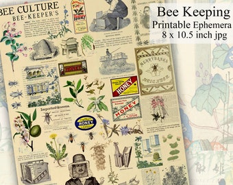 Bee Keeping Printable Ephemera Bees, Bee Keepers, Hives, and Pollen Plants Digital Collage Sheet