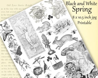 Spring Ephemera Printable in Black and White for Scrapbooking, Journaling and Decoupage, Digital Collage Sheet Spring Clip Art