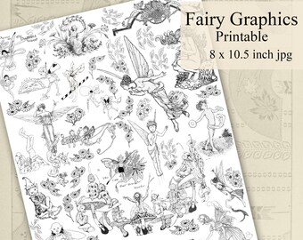 Printable Clip Art Fairies, Elves, and Gnomes, Black and White Line Art Goblincore Fairy Graphics, Coloring, Tracing, Digital Download