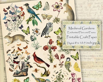 Medieval Garden Printable, Flora and Fauna Colorful Antique Nature Printable, Scrapbooking, Junk Journaling, Collage Sheet Download