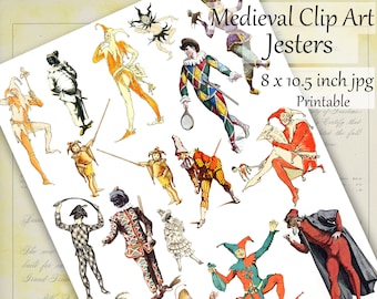 Jesters and Jokers Digital Collage Sheet, Printable Renaissance, Medieval Scrapbooking, Journaling, Ccollage  Clipart