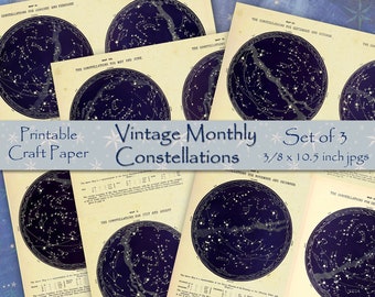 Printable Constellations, Monthly Star Maps, Digital Collage Sheet, Old Book Pages, Set of 3 Scrapbooking Collage Papers