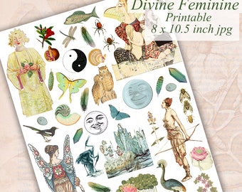 Divine Feminine Printable Scrapbook Paper, Junk Journal, Grimoire, Pagan Images Digital Collage Sheet, Instant Download
