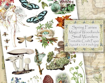 Printable Spring Woodland Clipart, Magical Fairies and Nature Elements Digital Collage Sheet, Scrapbooking, Journaling, Collage Art Download