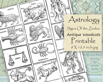 Printable Astrology Signs, Antique Woodcut Sun Signs of the Zodiac Digital Collage Sheet Journal, Scrapbook, Grimoire, Black and White