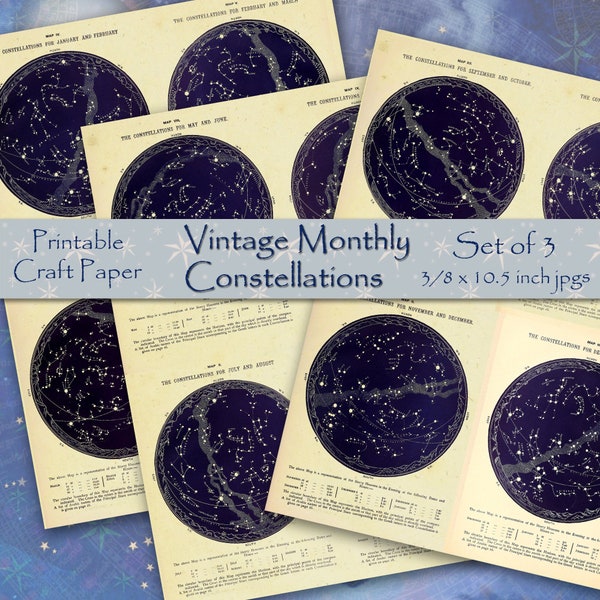 Printable Constellations, Monthly Star Maps, Digital Collage Sheet, Old Book Pages, Set of 3 Scrapbooking Collage Papers