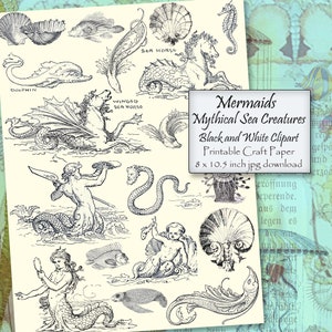 Printable Sea Creatures Clipart, Mermaids, Mythical Sea Horses, Fanciful Fishes, in Black and White Line Art, 8 x 10.5 inch jpg