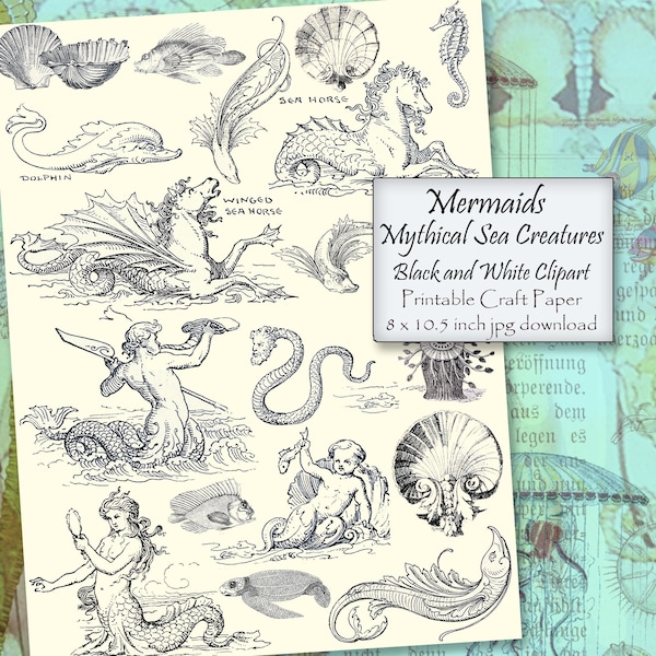 Printable Sea Creatures Clipart, Mermaids, Mythical Sea Horses, Fanciful Fishes, in Black and White Line Art, 8 x 10.5 inch jpg