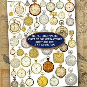 Printable Pocket Watches and Clock Faces, Vintage Illustrations Steampunk Clip Art Craft Paper Clockwork 8 x 10.5 inch Download image 1