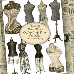 Printable Dress Forms Sewing Ephemera Clipart 8 x 10.5 inch Digital Collage Sheet, Vintage Black and White Grunge Illustrations