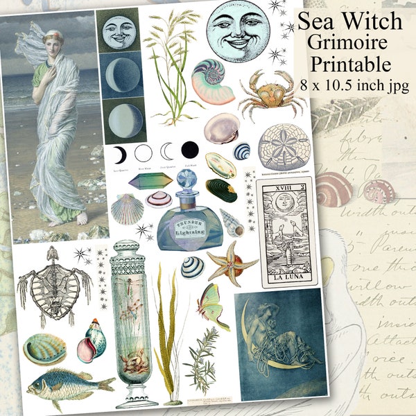 Sea Witch Grimoire Printable Scrapbook Paper, Pagan Wiccan Junk Journal, Digital Collage Sheet, Instant Download