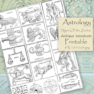 Printable Astrology Signs, Antique Woodcut Sun Signs of the Zodiac Digital Collage Sheet Journal, Scrapbook, Grimoire, Black and White