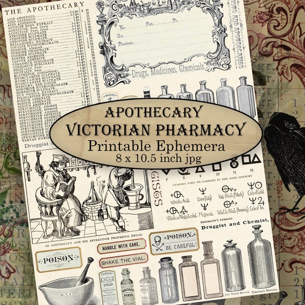 Printable Victorian Apothecary Pharmacy Ephemera, Medicine Bottles, Labels, Symbols and More, 8 x 10.5 inches