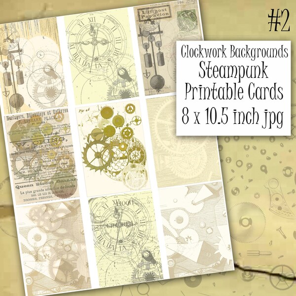 Clockwork Gears Printable Steampunk Backgrounds, Small Cards, Digital Collage Sheet, Instant Download,