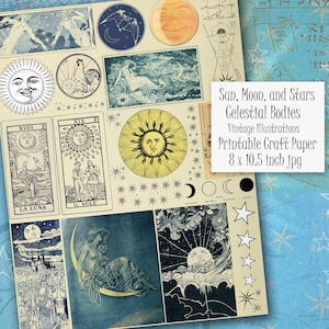 Printable Sun, Moon, and Stars Vintage Illustrations, 8 x 10.5 inch Digital Download, Image Files