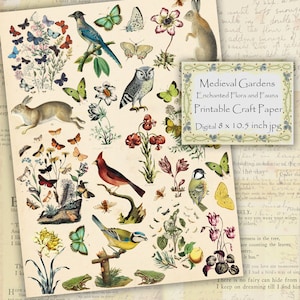 Giardino medievale stampabile, flora e fauna colorata natura antica stampabile, scrapbooking, junk journaling, download di fogli collage