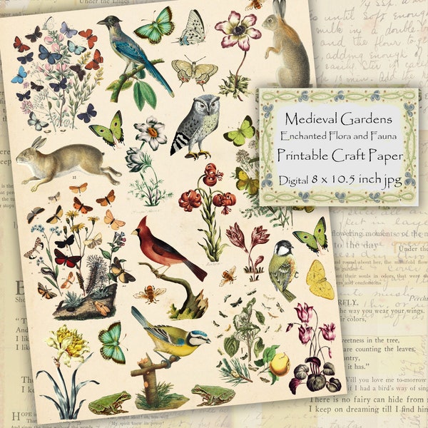 Medieval Garden Printable, Flora and Fauna Colorful Antique Nature Printable, Scrapbooking, Junk Journaling, Collage Sheet Download
