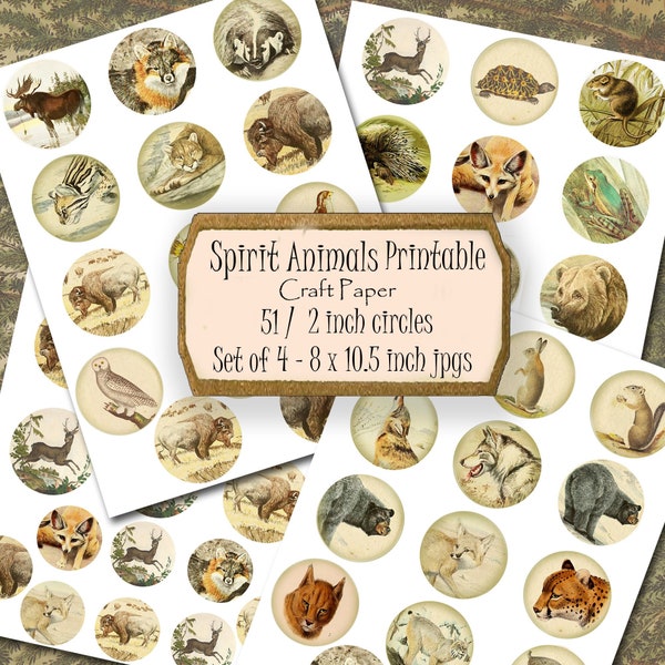Printable Spirit Animal Totem Charm Images, 51 -2 inch Circles, Set of Four 8 x 10.5 inch jpg Digital Craft Papers