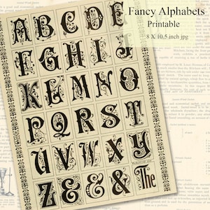 Alfabetos góticos elegantes imprimibles, letras vintage llamativas y decorativas con volutas elegantes, 8 x 10,5 pulgadas (jpg), letras mayúsculas grandes