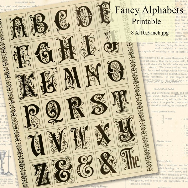 Fancy Gothic Alphabets Printable, Bold and Decorative Vintage Letters with Fancy Scrollwork, 8 x 10.5 inch jpg, Large Uppercase Letters