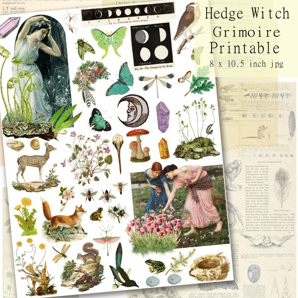 Hedge Witch Grimoire Printables Scrapbook Paper, Pagan Wiccan Junk Journal, Digital Collage Sheet, Instant Download