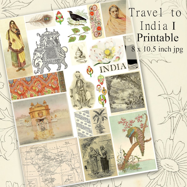 Travel to India Printable Scrapbook Images I, Journaling Download, Vintage East Indian Art and Ephemera