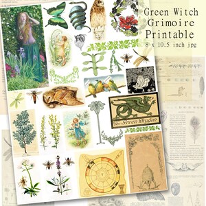Groene heks afdrukbare Grimoire beelden digitale collage blad, scrapbook papier, ongewenste Journal, Instant Download
