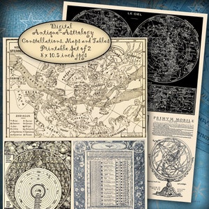 Druckbare Sternkarten Vintage Astronomie Illustrationen Konstellationen, Set von Zwei 8 x 10,5 Zoll JPGs Digitale Antike Himmelskarten und Tische