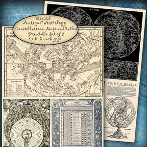 Printable Star Maps Vintage Astronomy Illustrations Constellations, Set of Two 8 x 10.5 inch jpgs Digital Antique Celestial Maps and Tables