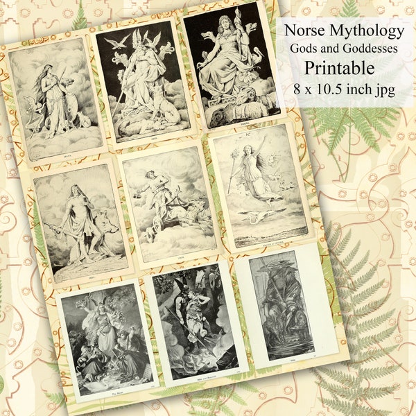 Norse Mythology Printable Gods and Goddesses Clip Art, Old Book Pages Digital Scrapbooking, Journaling