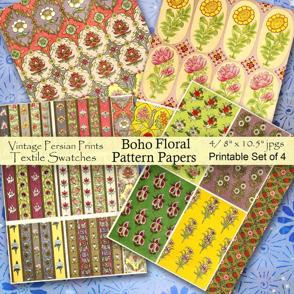 Printable Indian Textile Swatches, Boho Florals Digital Collage Sheets. Set of 4 Scrapbooking Craft Papers