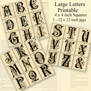 Carrés de l'alphabet fantaisie imprimables, décoratifs, audacieux, grandes lettres, téléchargement immédiat, carrés de 4 x 4 pouces, lot de 3 fichiers jpg,